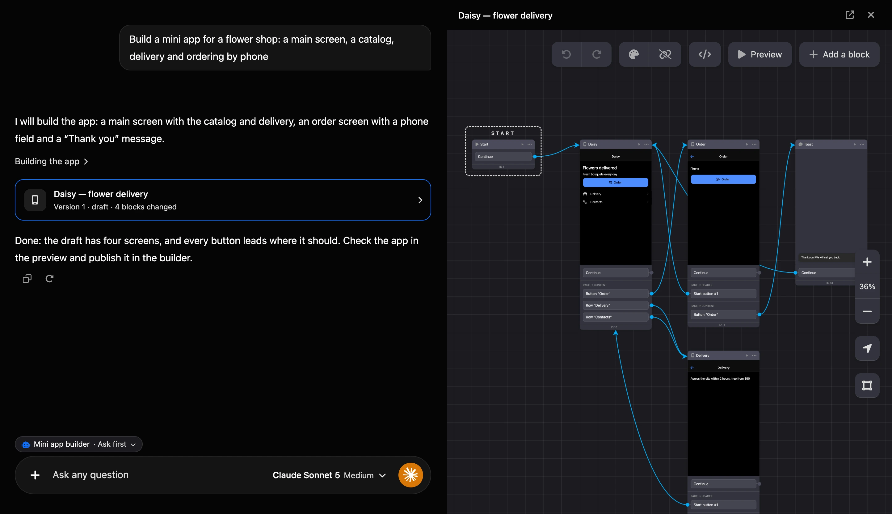 Building in the AI chat: the app card in the conversation and the app scheme on the right