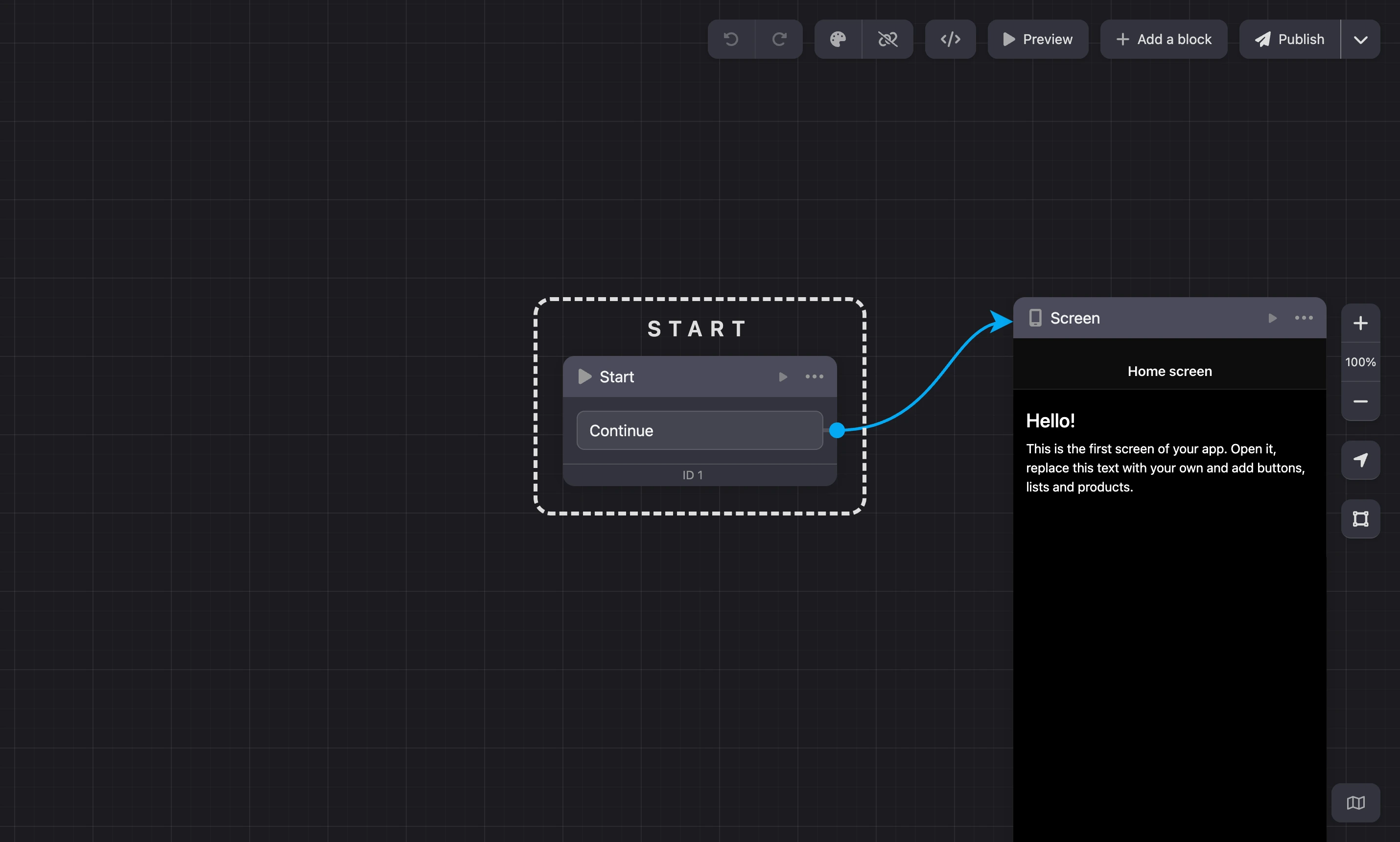 Mini app scheme: the Start block and the first screen