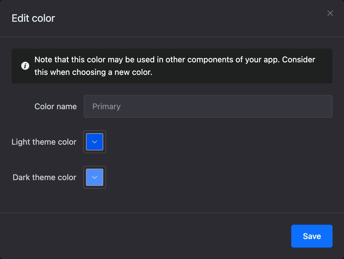 Editing a palette color: values for light and dark themes