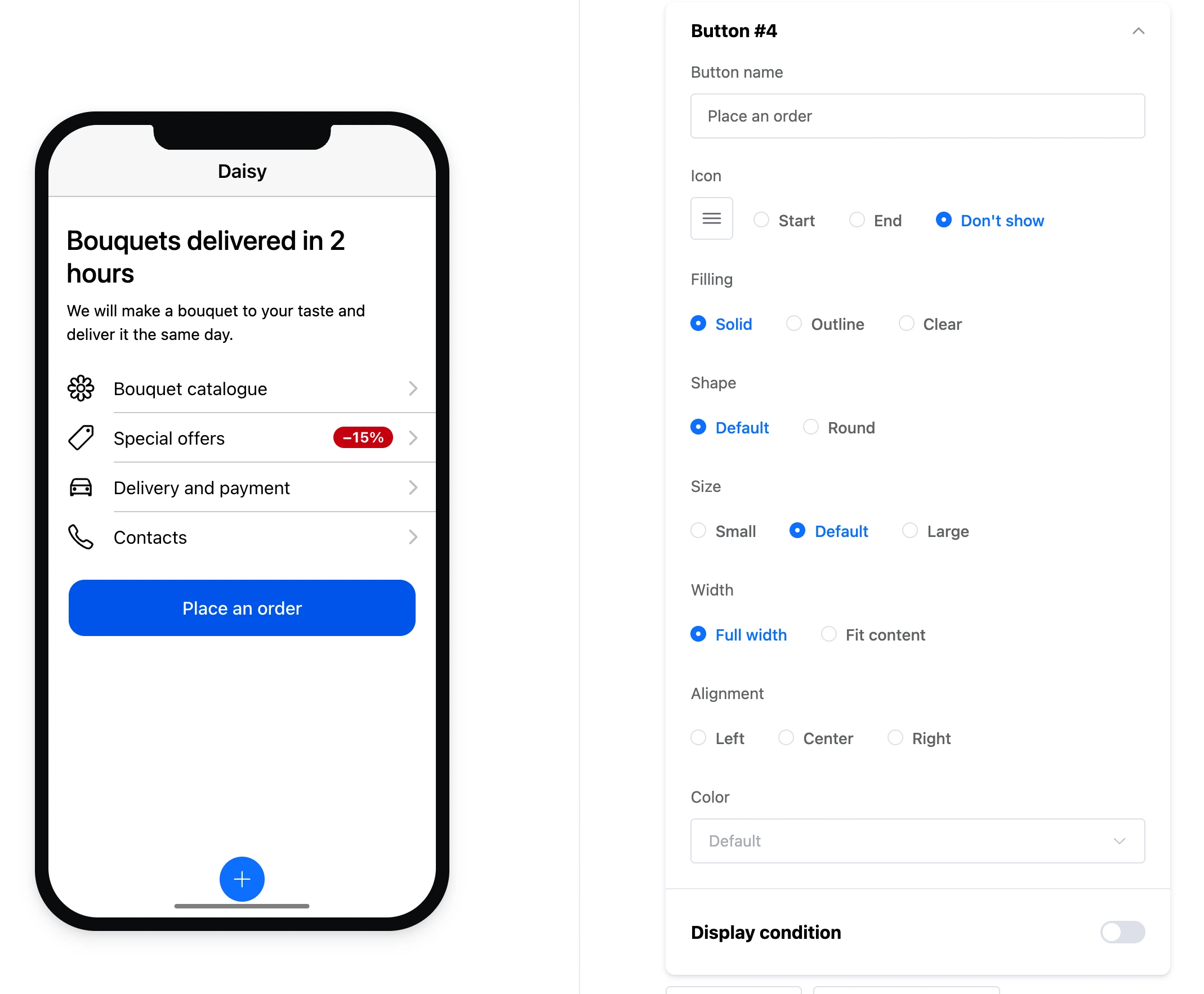 Screen editor: clicking the button on the phone opened its settings