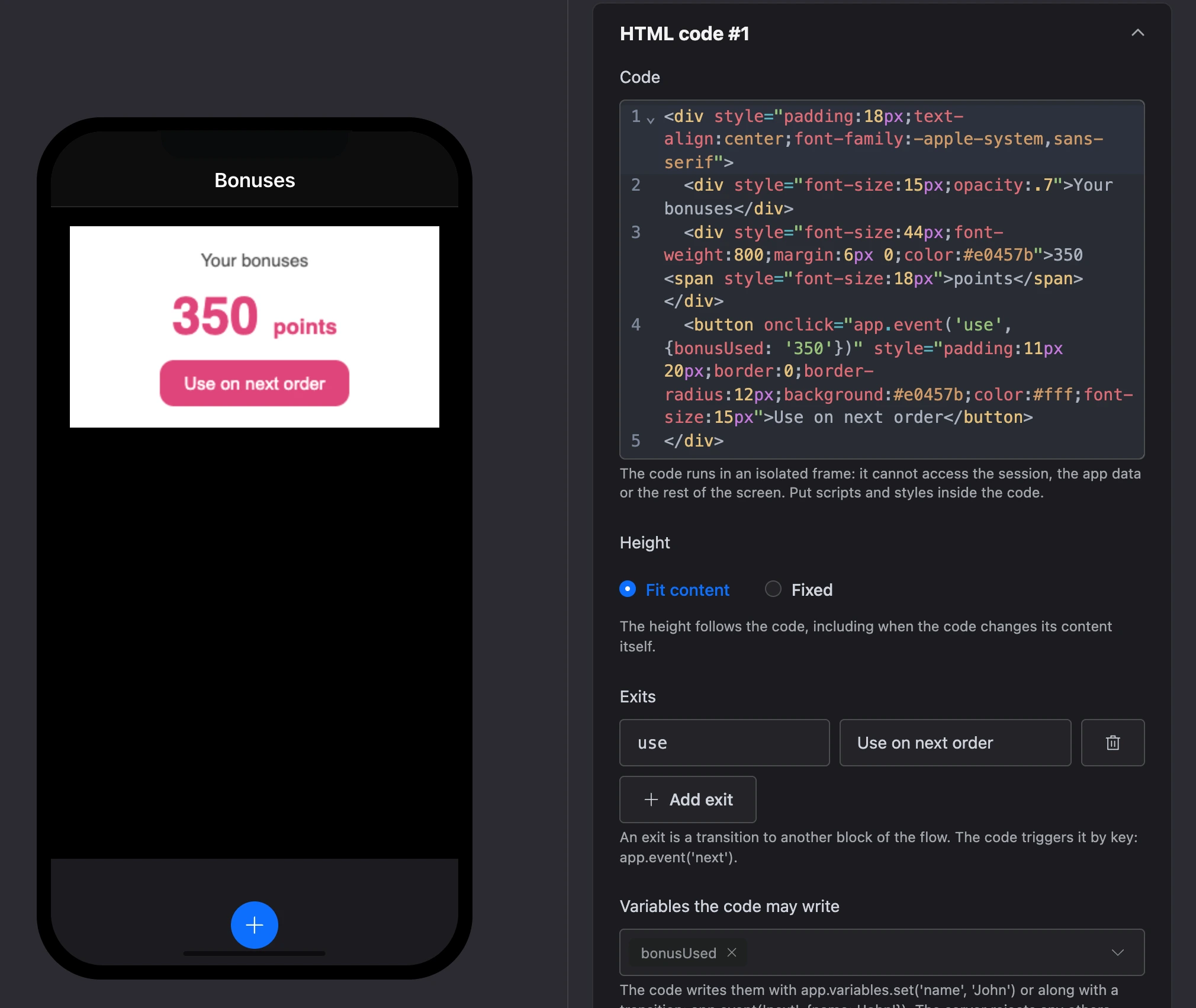 HTML code element: code, exits and variables