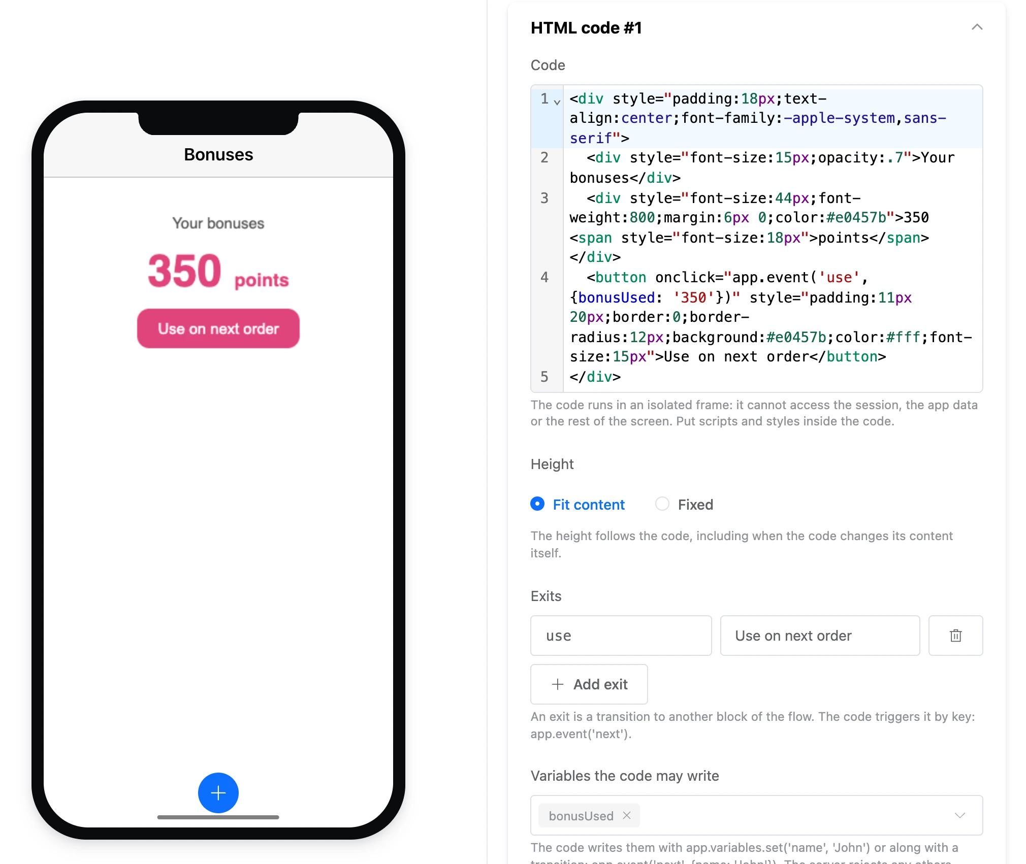 HTML code element: code, exits and variables