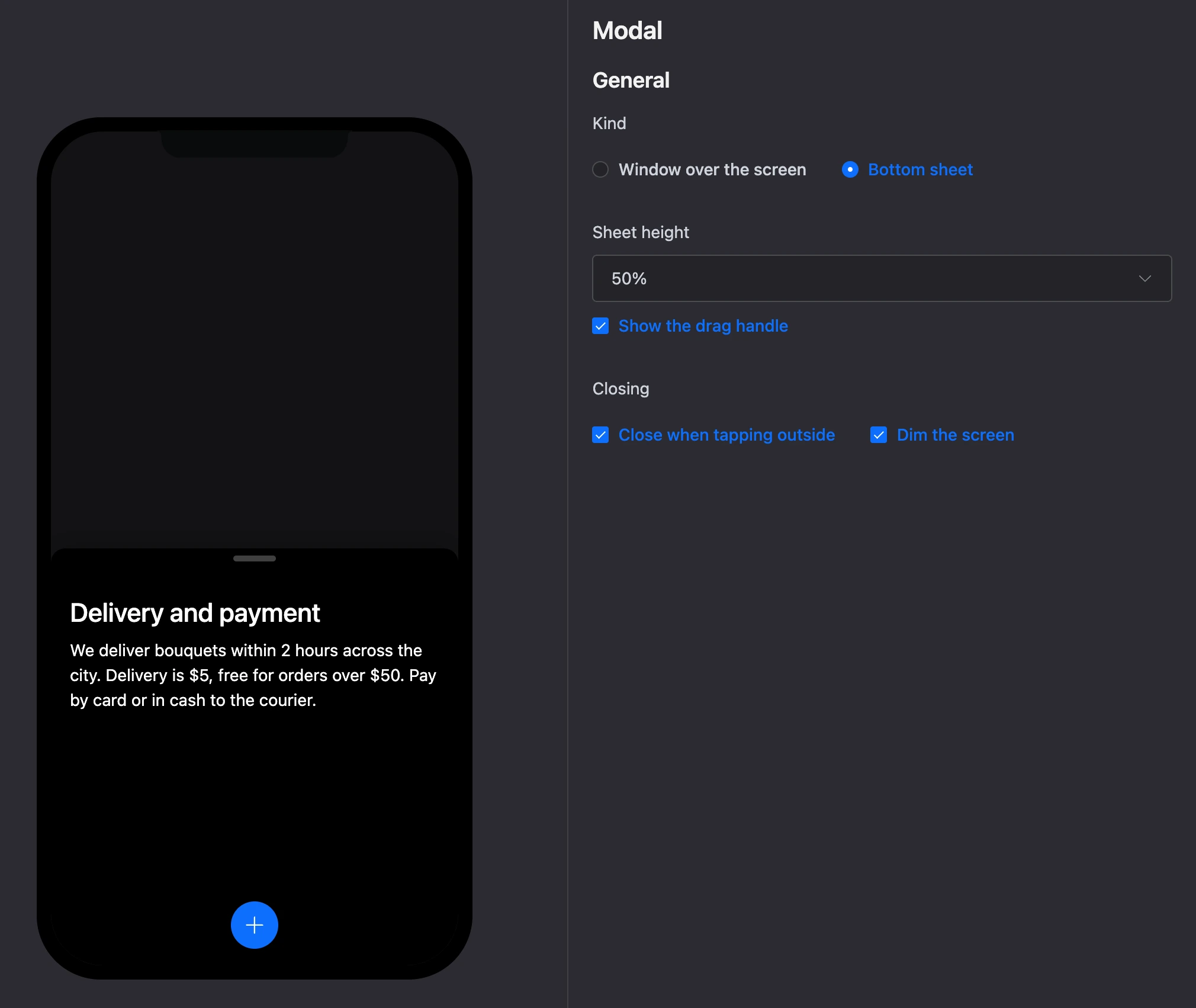 A bottom sheet modal and its settings