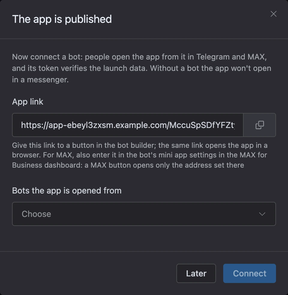 The "App published" window: link and bot selection