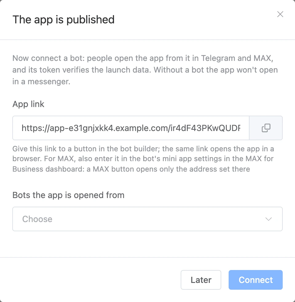 The "App published" window: link and bot selection
