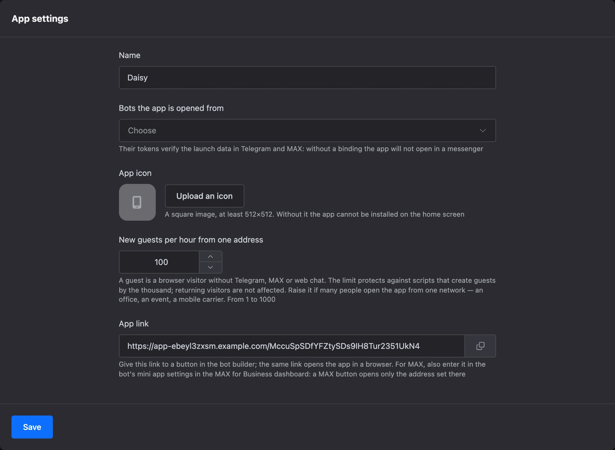 The mini app Settings section