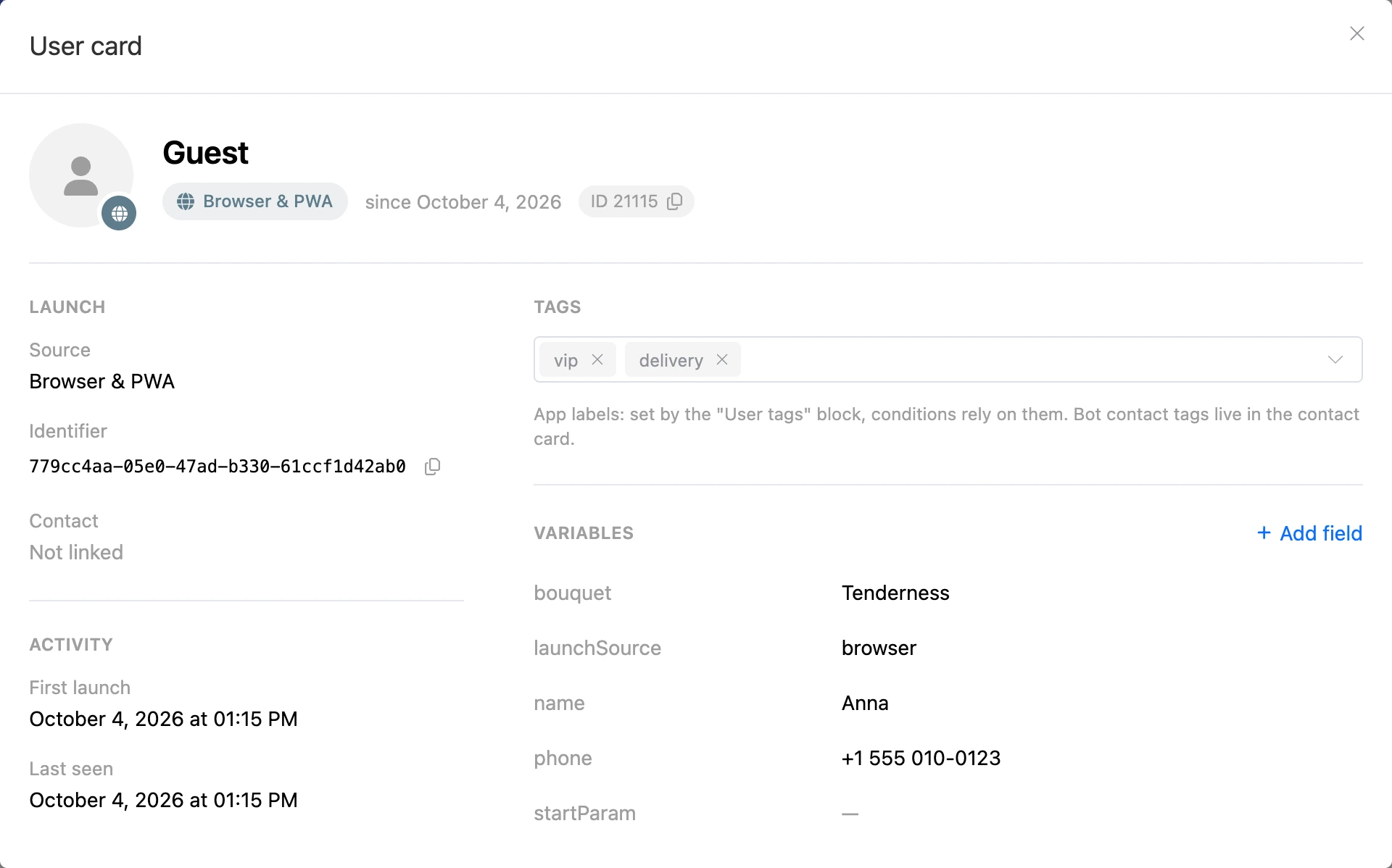 User card: launch, activity, tags and variables