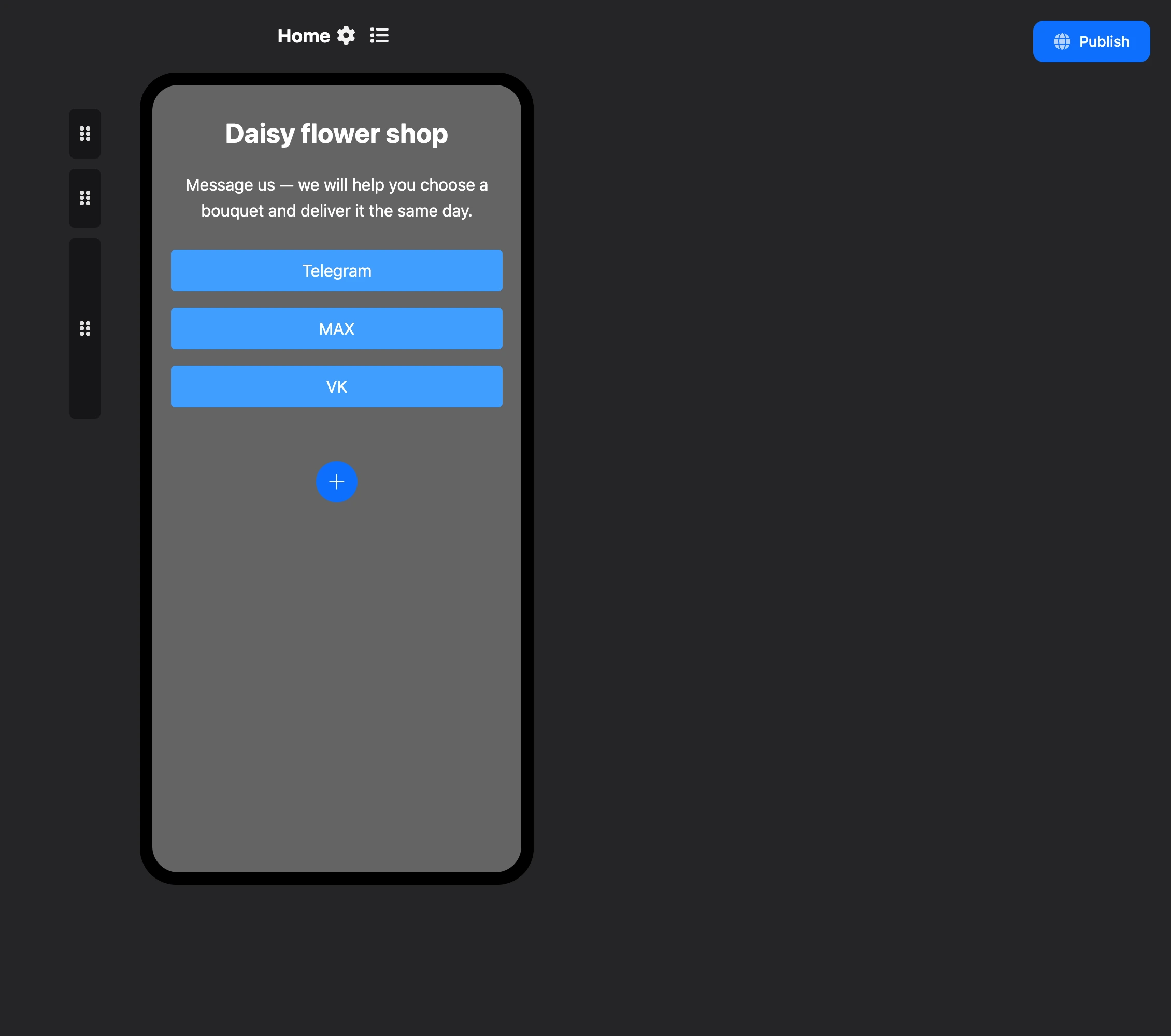 Mini landing page builder: a page with a title, text and messenger buttons