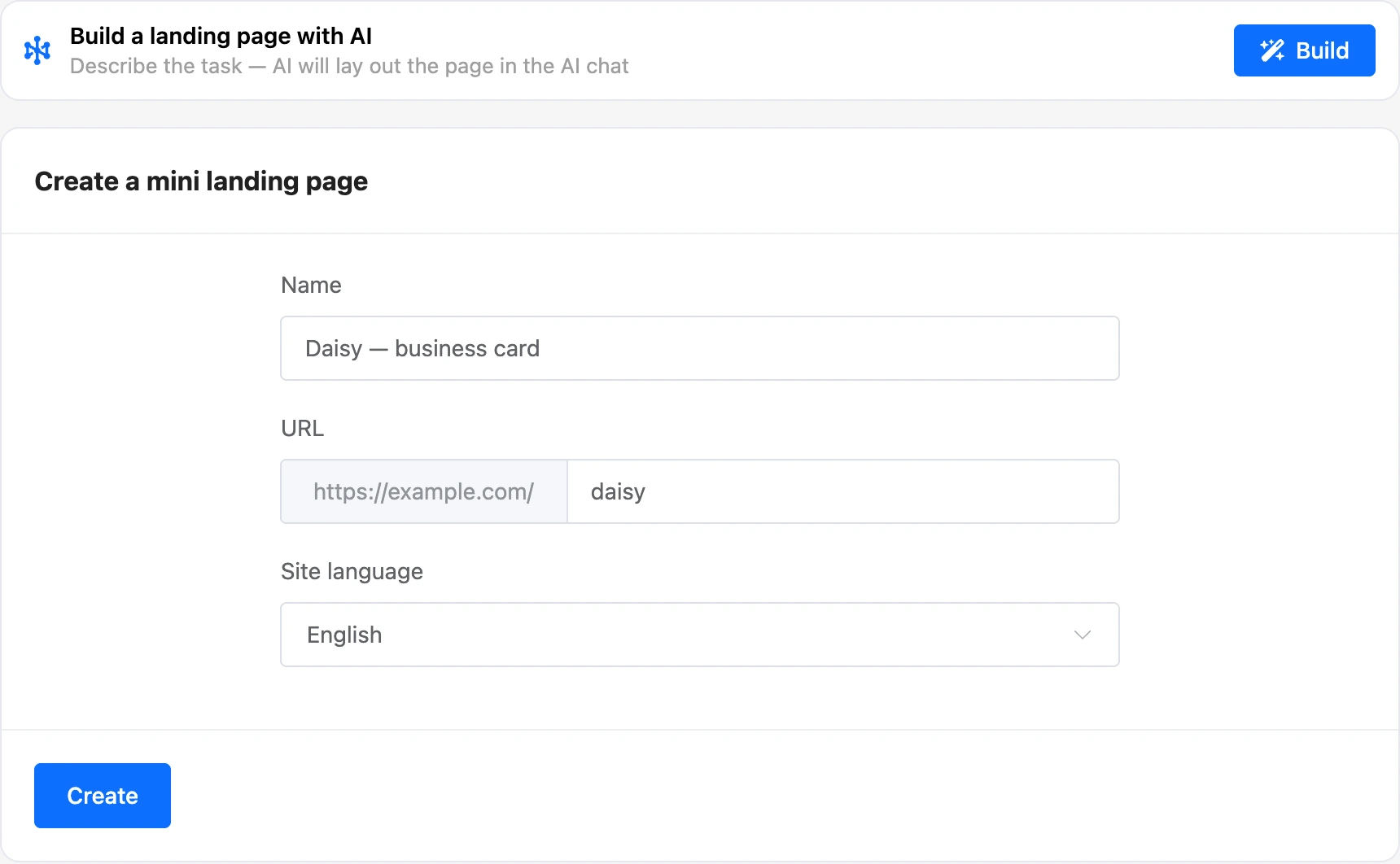 The "Create mini landing" form with the "Build a landing page with AI" block
