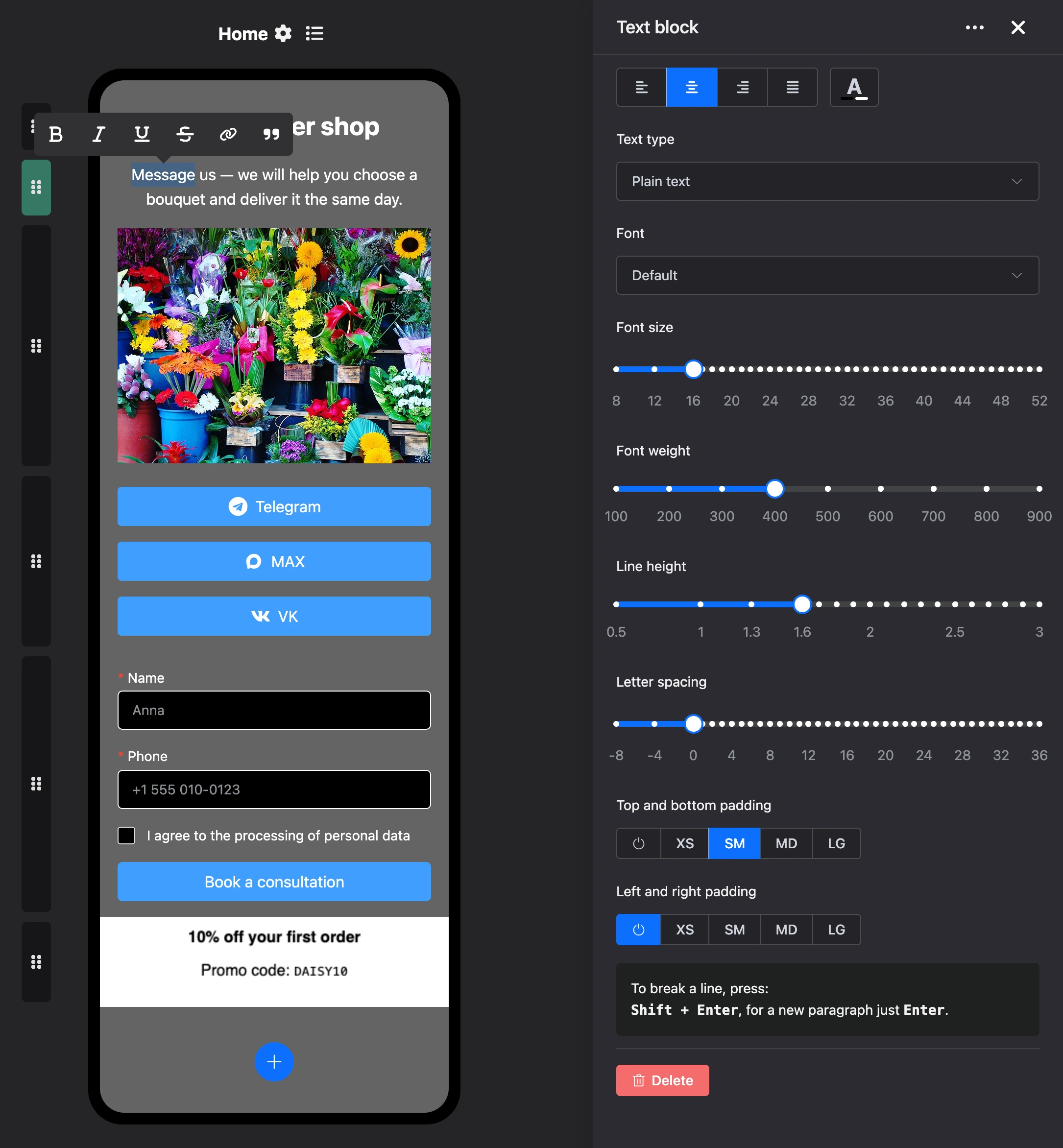 Text block: formatting toolbar above the selected word