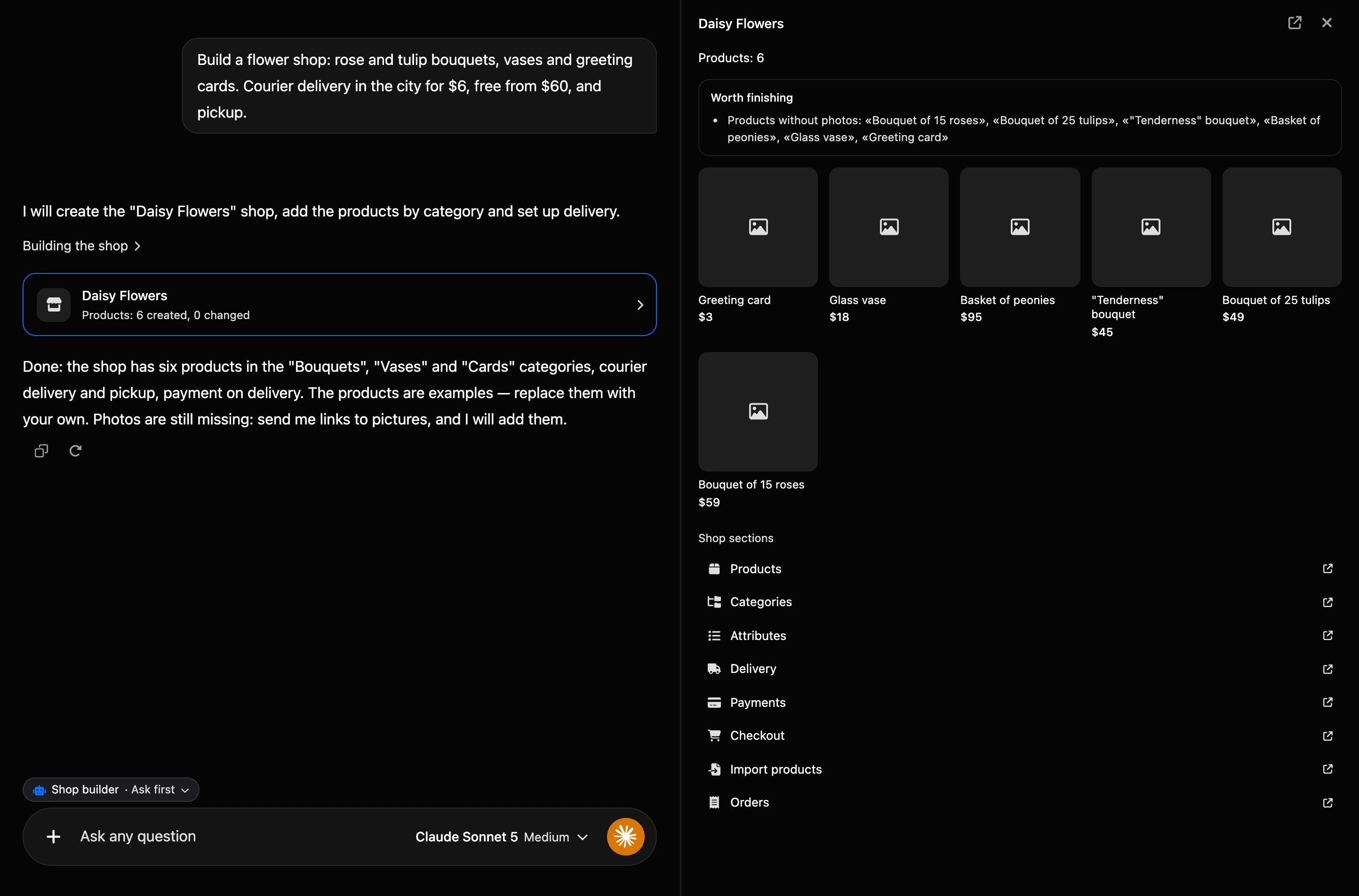 Building in the AI chat: the shop card in the conversation and the shop panel on the right