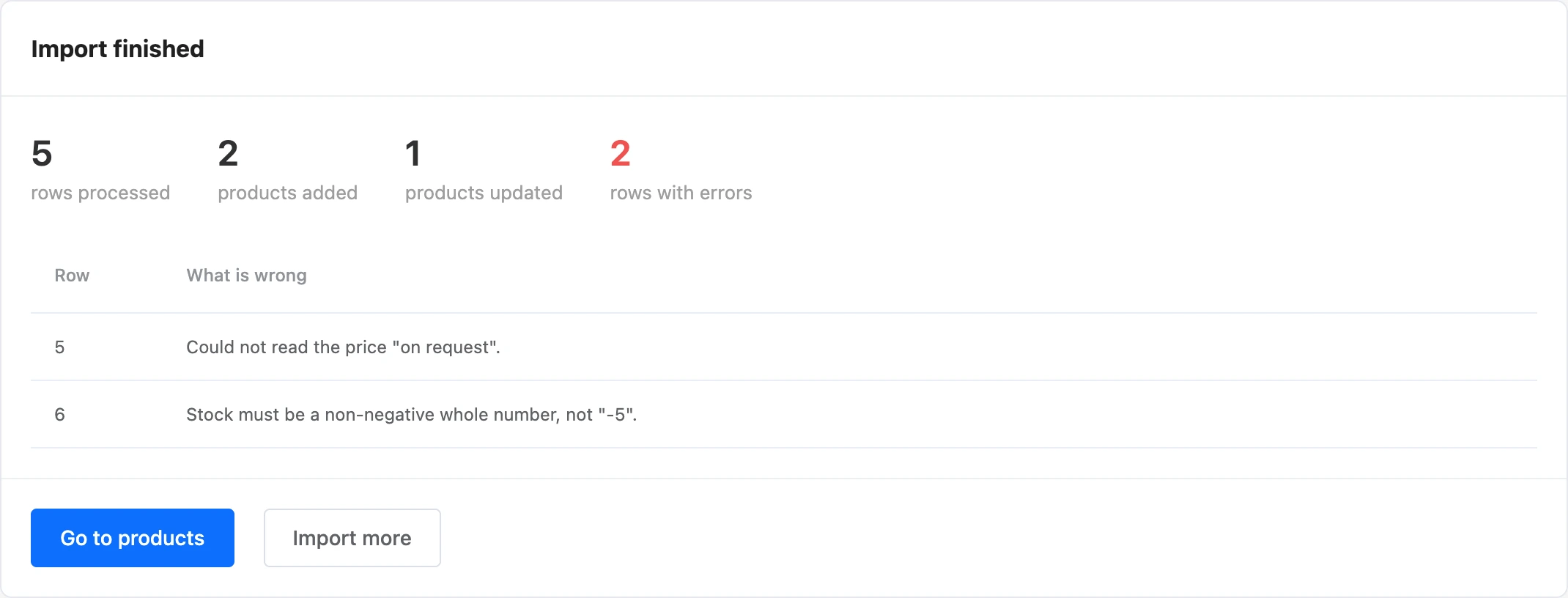Import result: counters and rows with errors