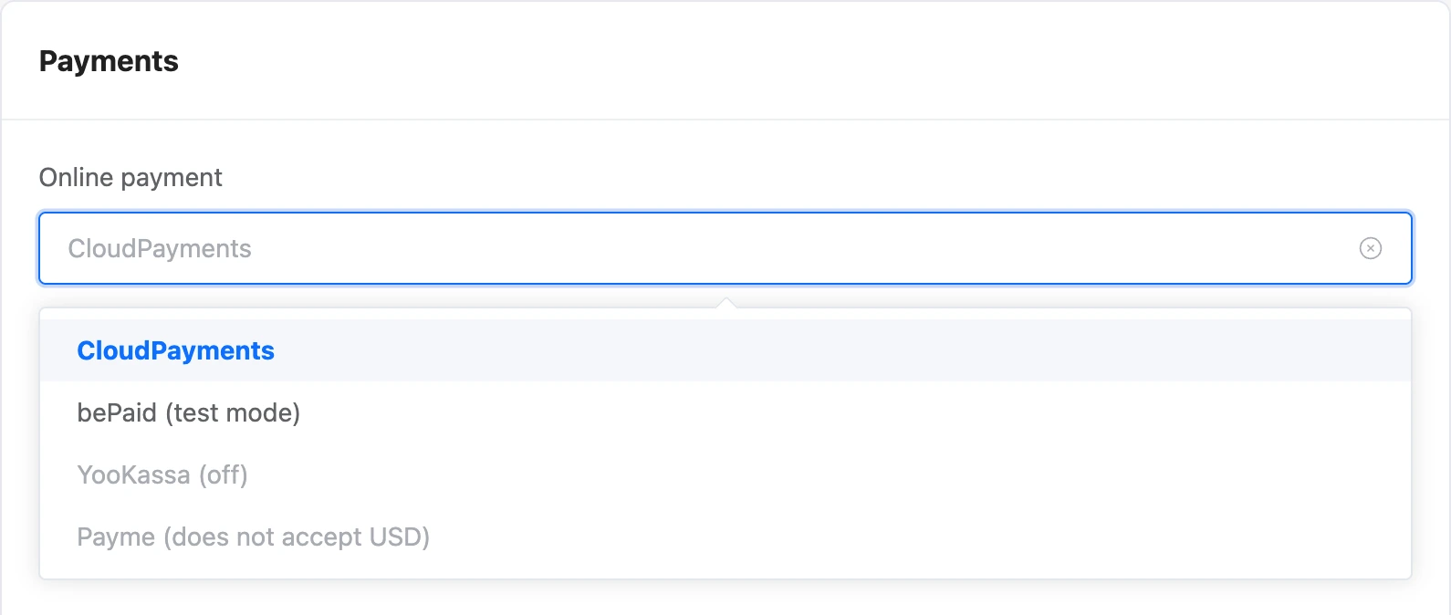 The "Online payment" list with unavailable accounts