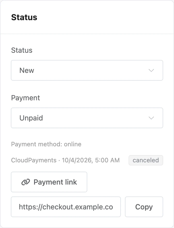 Payment link and payment attempt in the order card