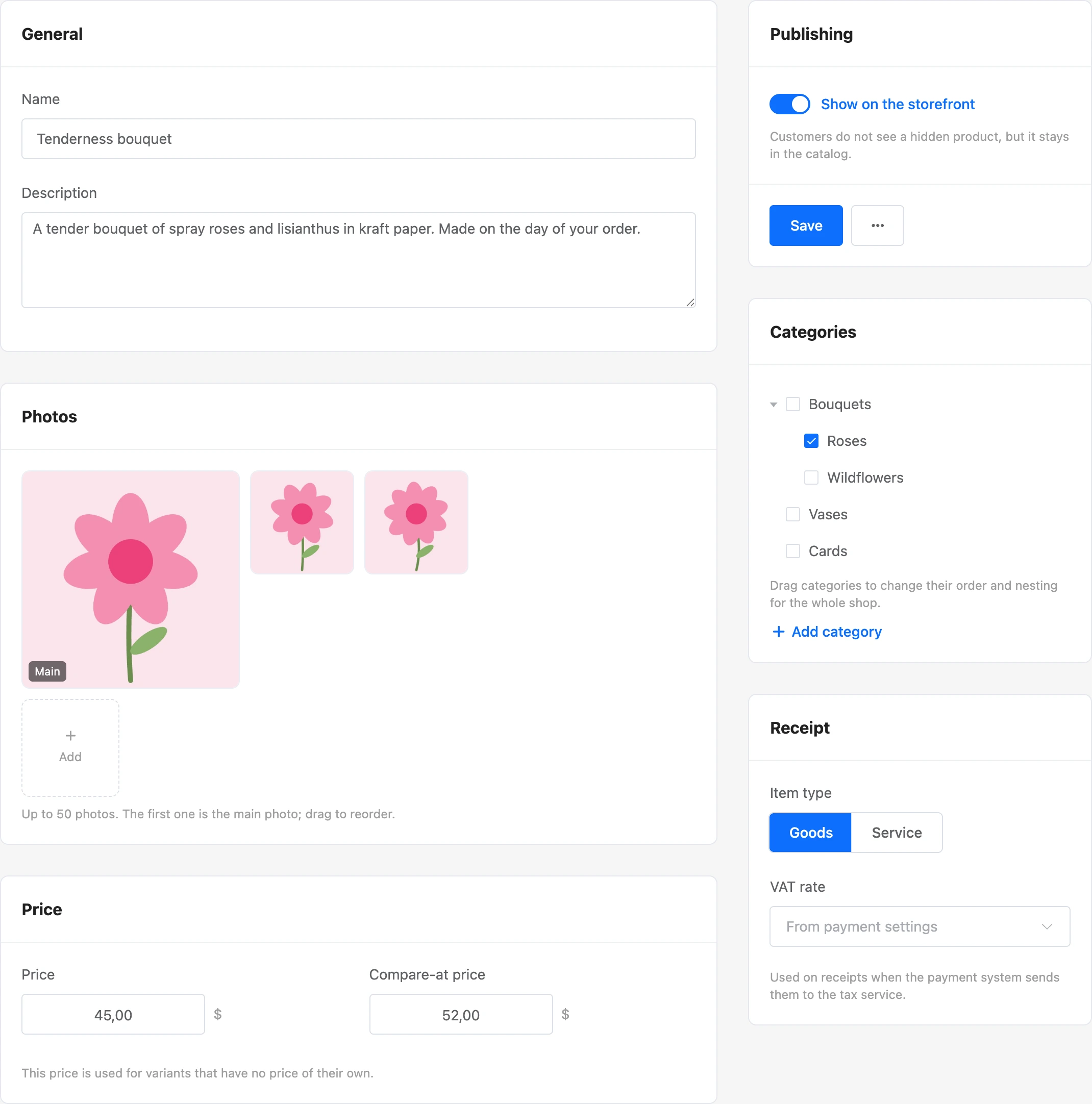 Product card: general, photos, price, publishing, categories and receipt fields