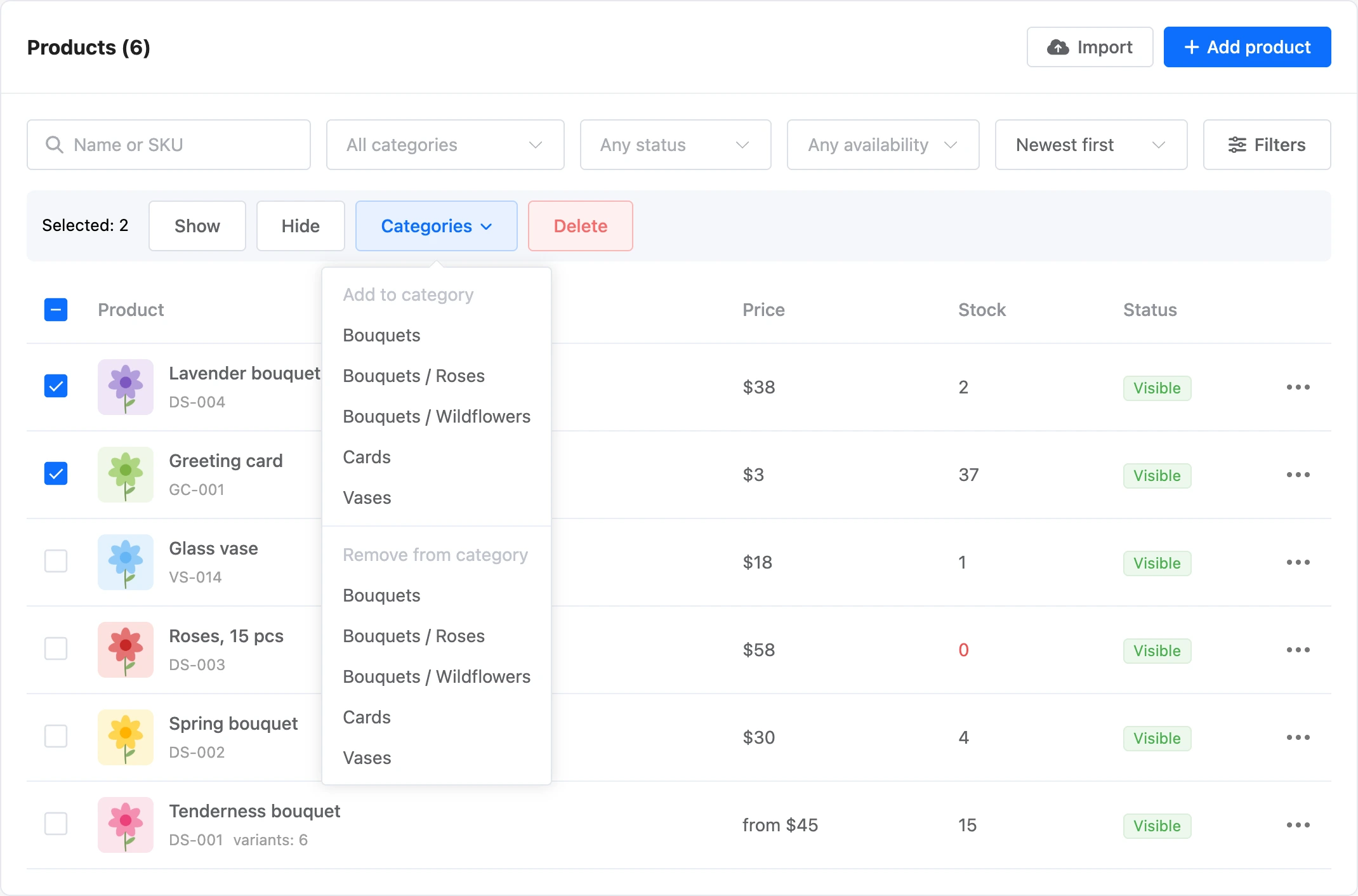 Two products selected: the action bar and the "Categories" menu