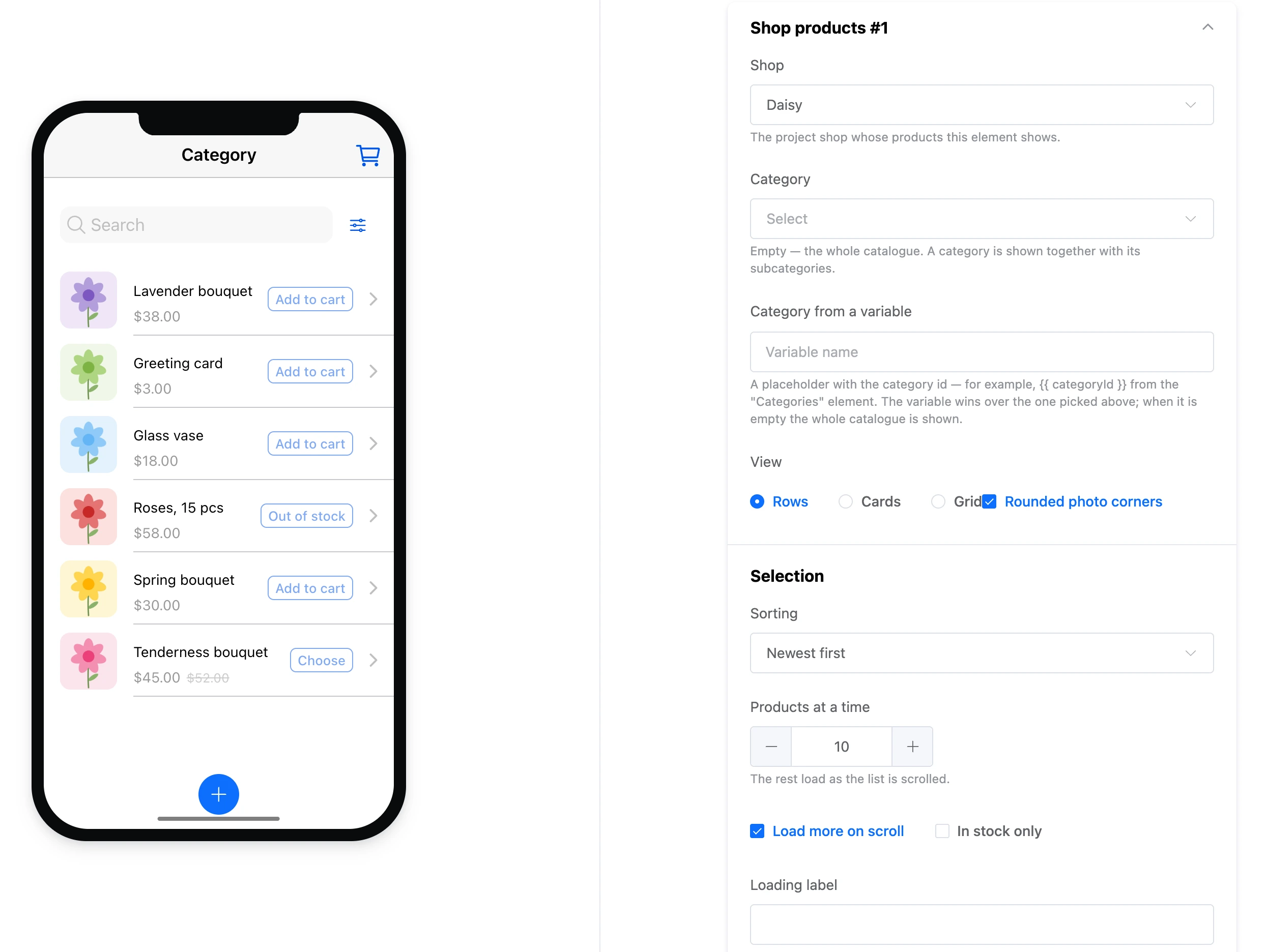 The "Shop products" element in the mini app builder