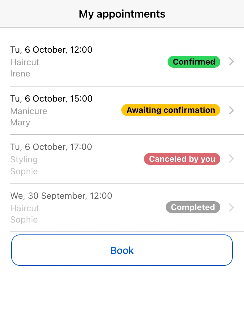 My appointments: statuses of the client’s appointments