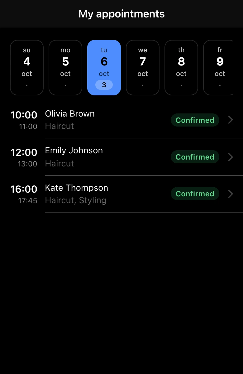 A specialist’s appointments for the day in the mini app