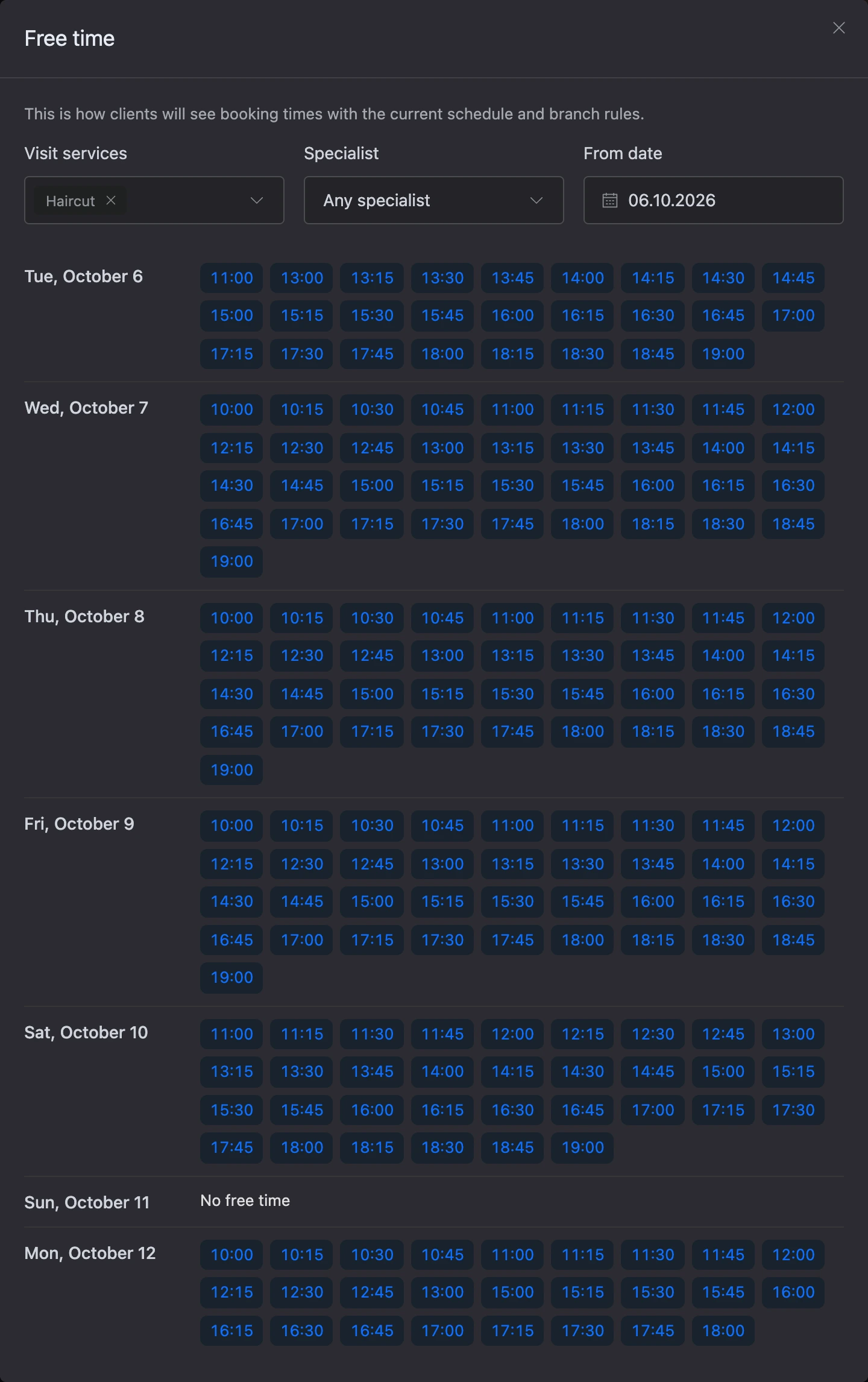 The "Free time" window in the schedule