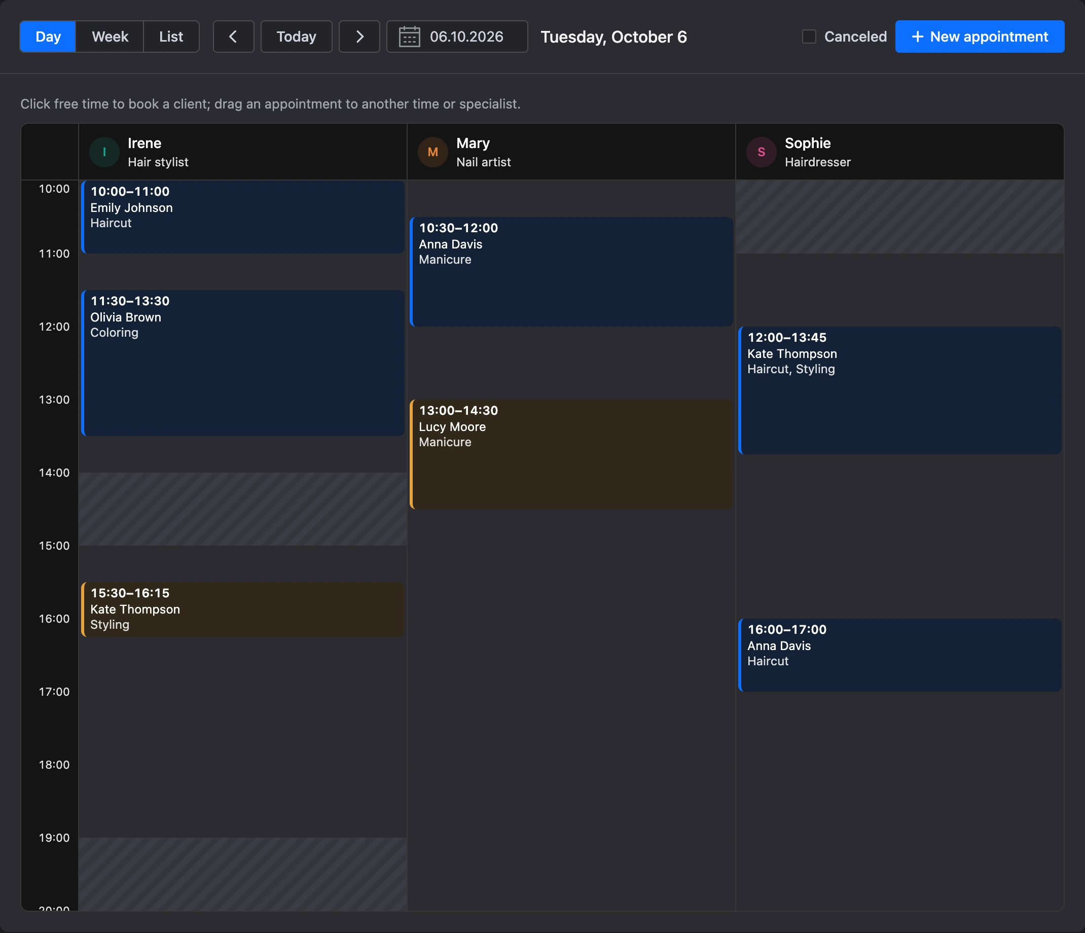 Appointment journal in Day view