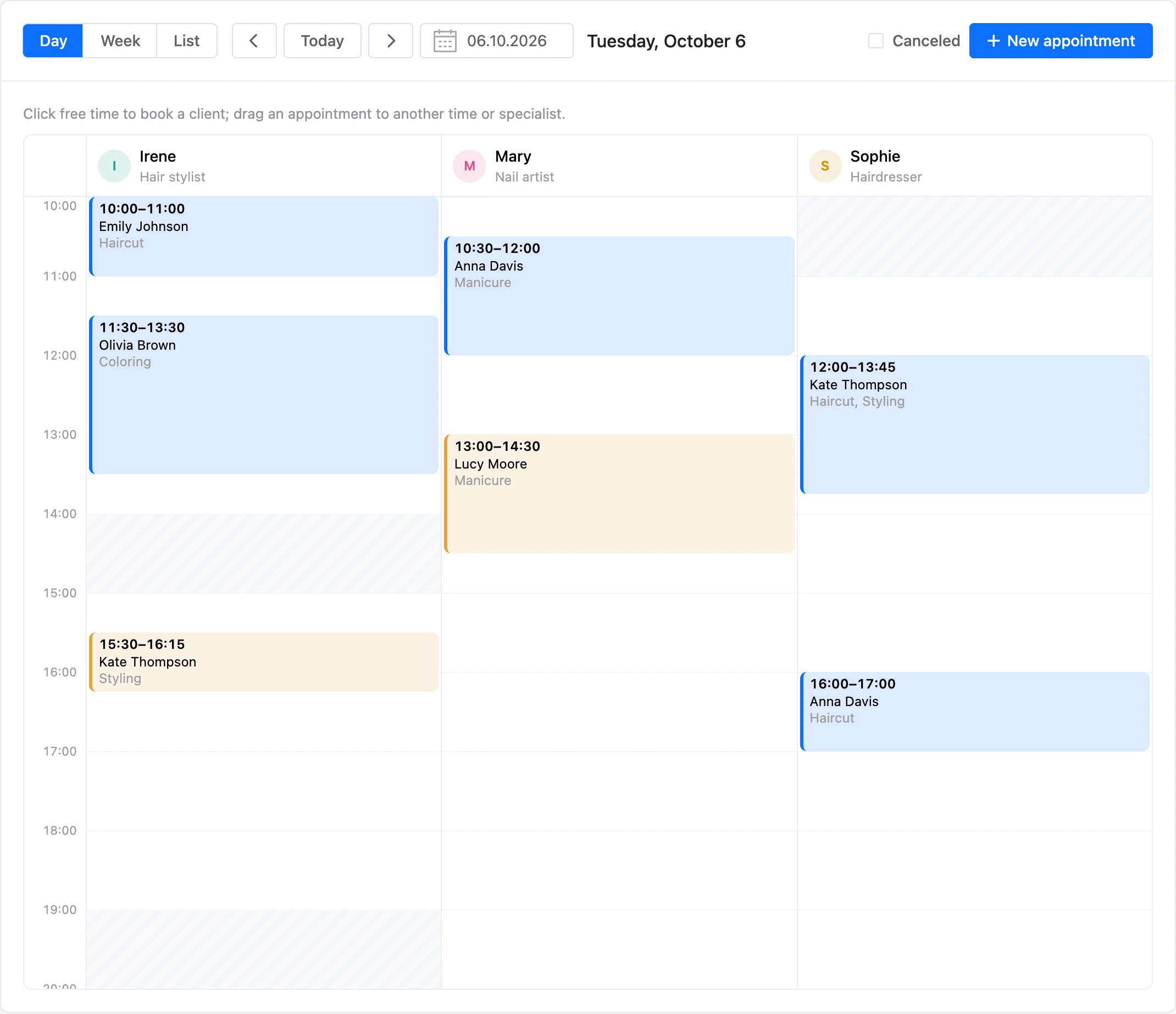 Appointment journal in Day view
