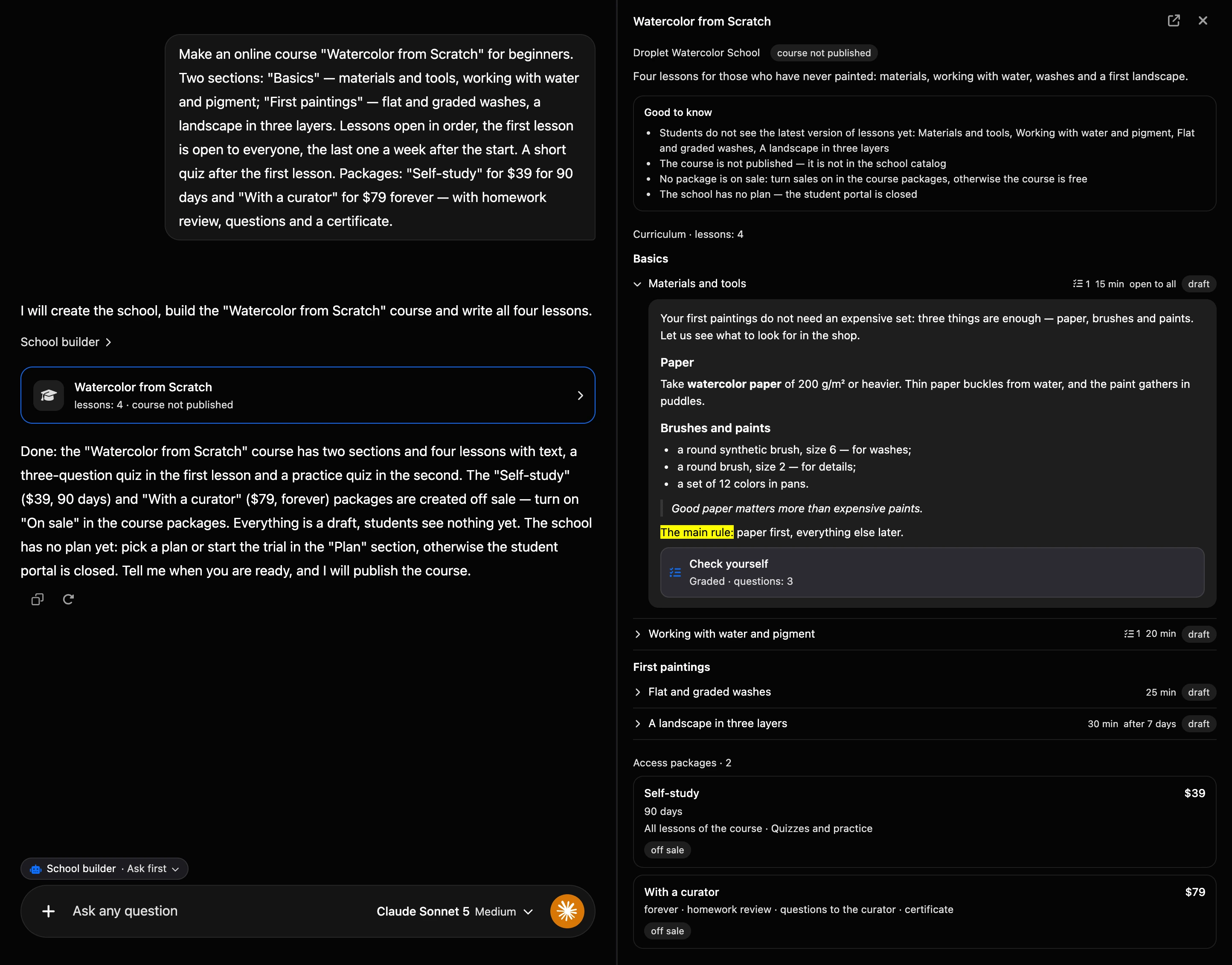 Building in the AI chat: the course card in the conversation and the course on the right with an open lesson