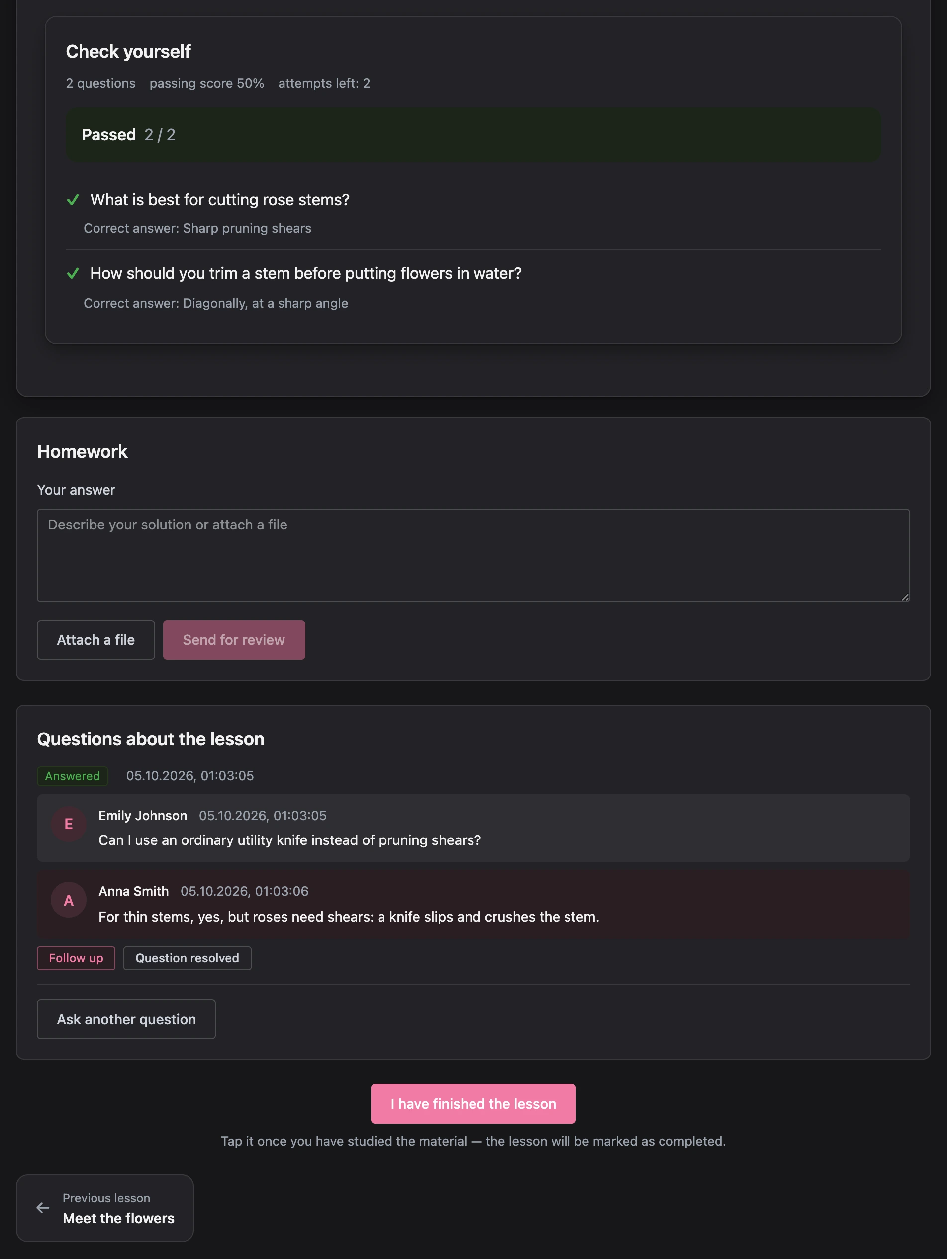 Quiz with result and answer review, homework, lesson questions and the "I have completed the lesson" button