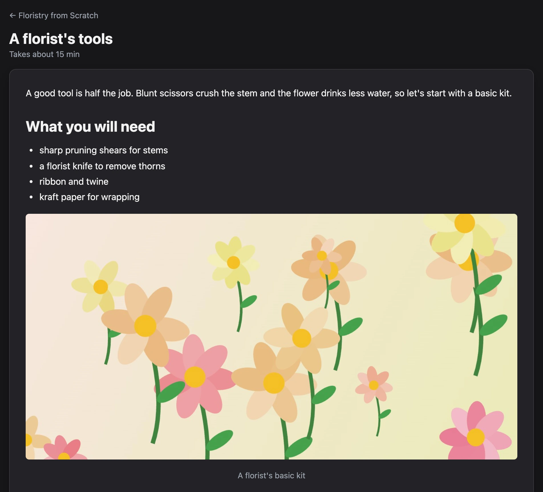 Lesson: title, lesson time and content with a picture
