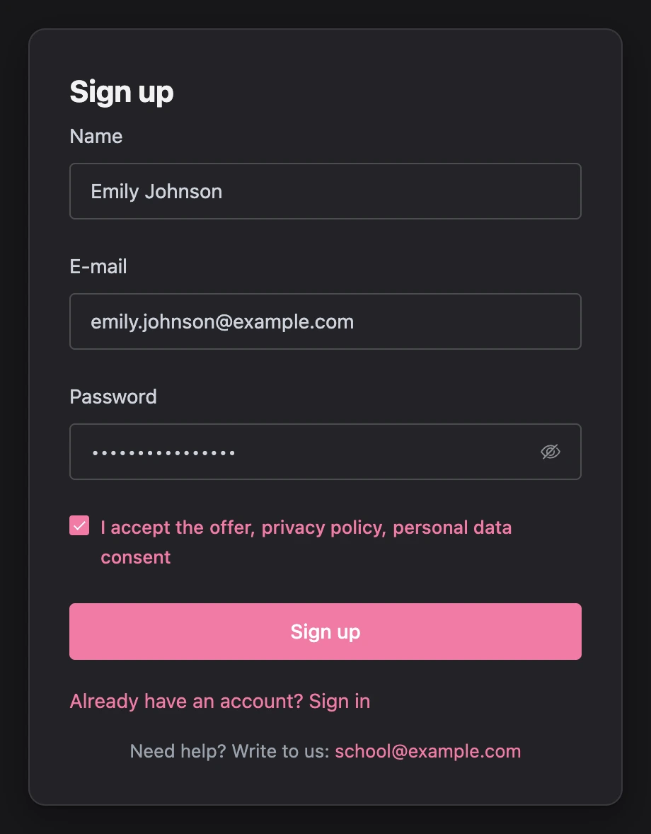 Sign-up form in the student portal
