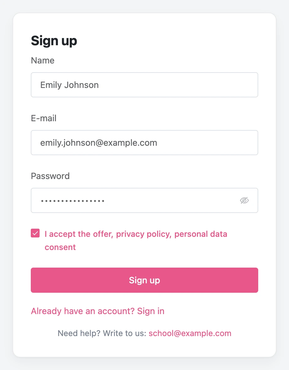 Sign-up form in the student portal
