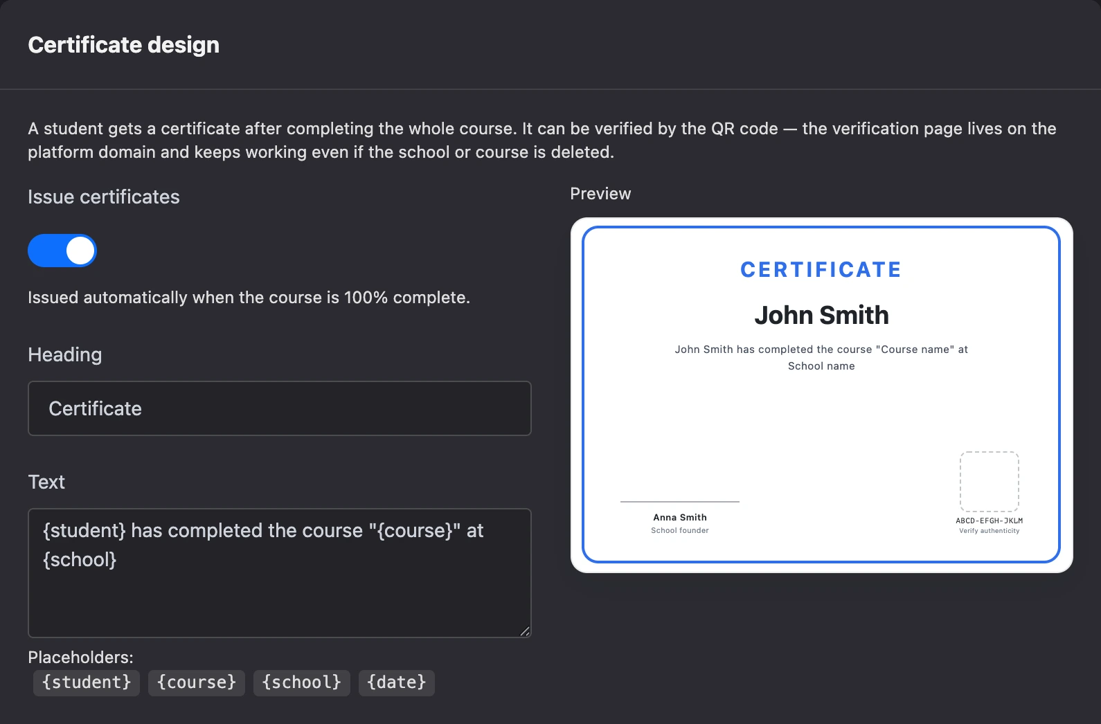 Certificate design and preview