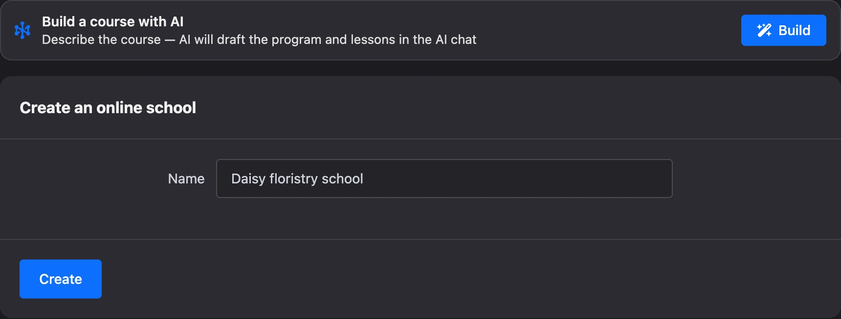 The online school creation form with the "Build a course with AI" block