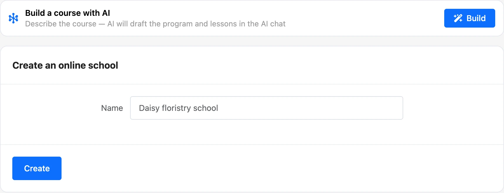 The online school creation form with the "Build a course with AI" block