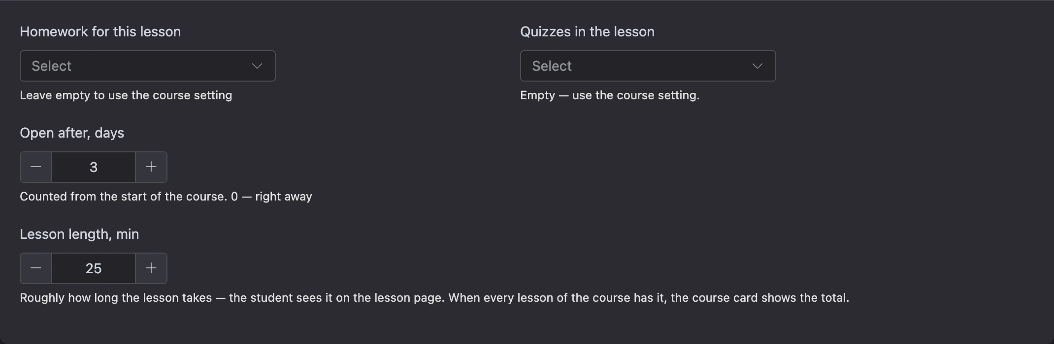 Lesson settings below the content