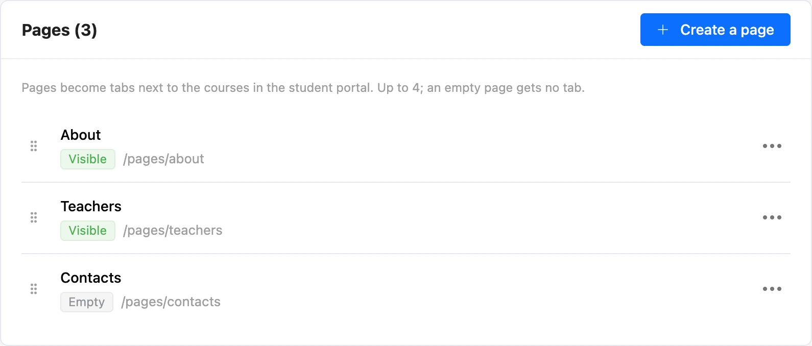 The Pages subsection with the school’s pages