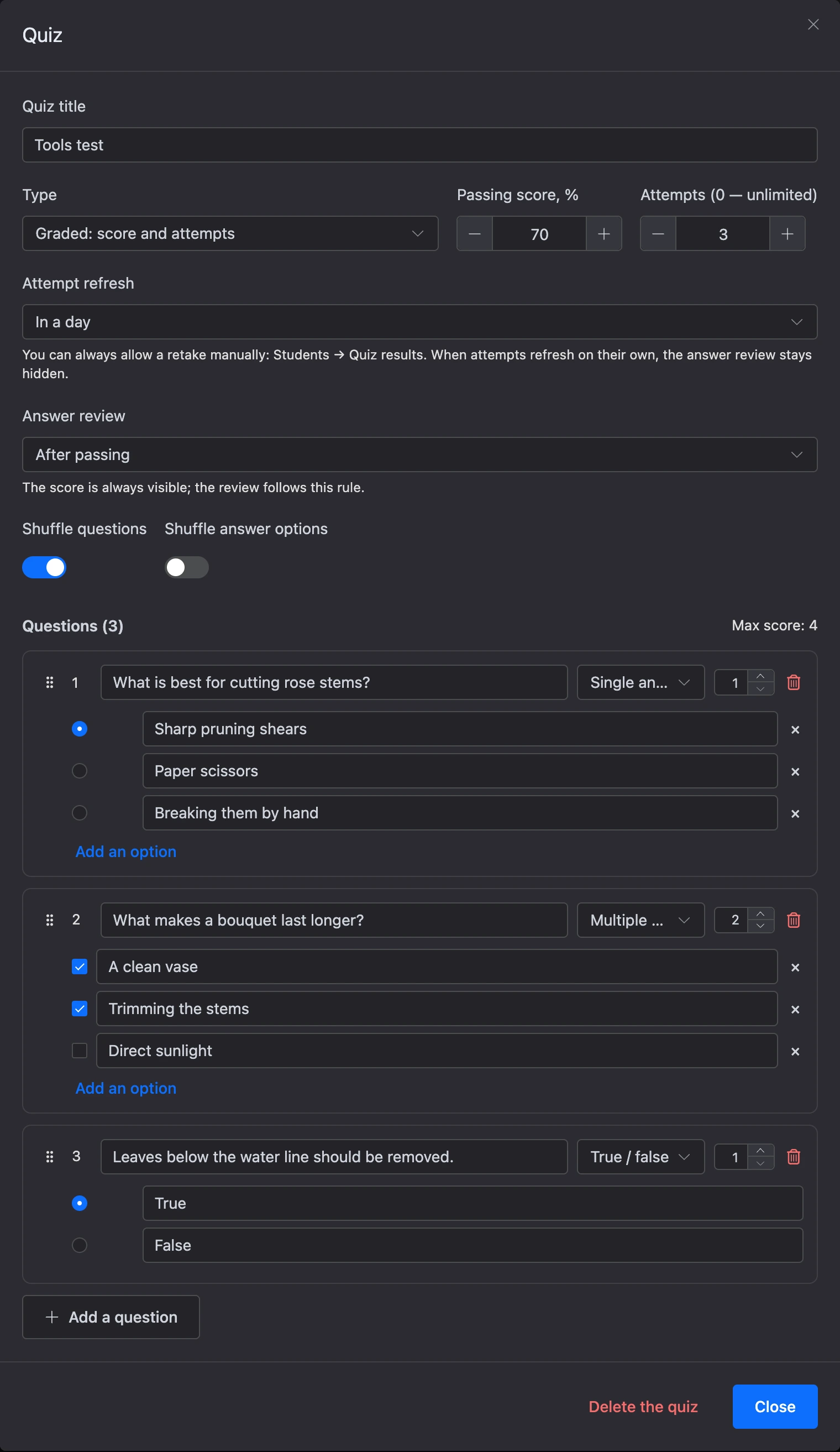 The Quiz window: test settings and questions