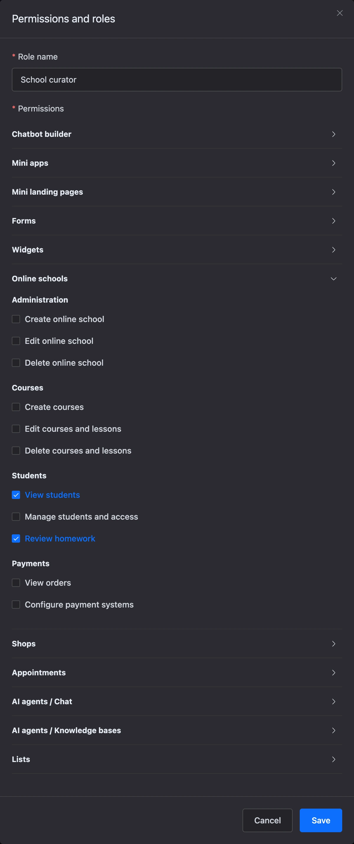 Online school permissions in the role window