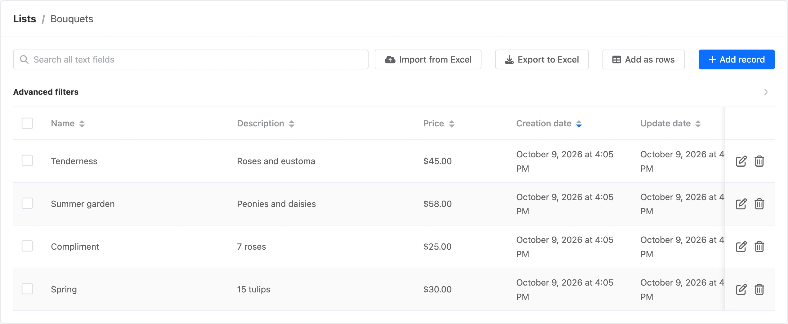 List records table with search and the import, export and add buttons