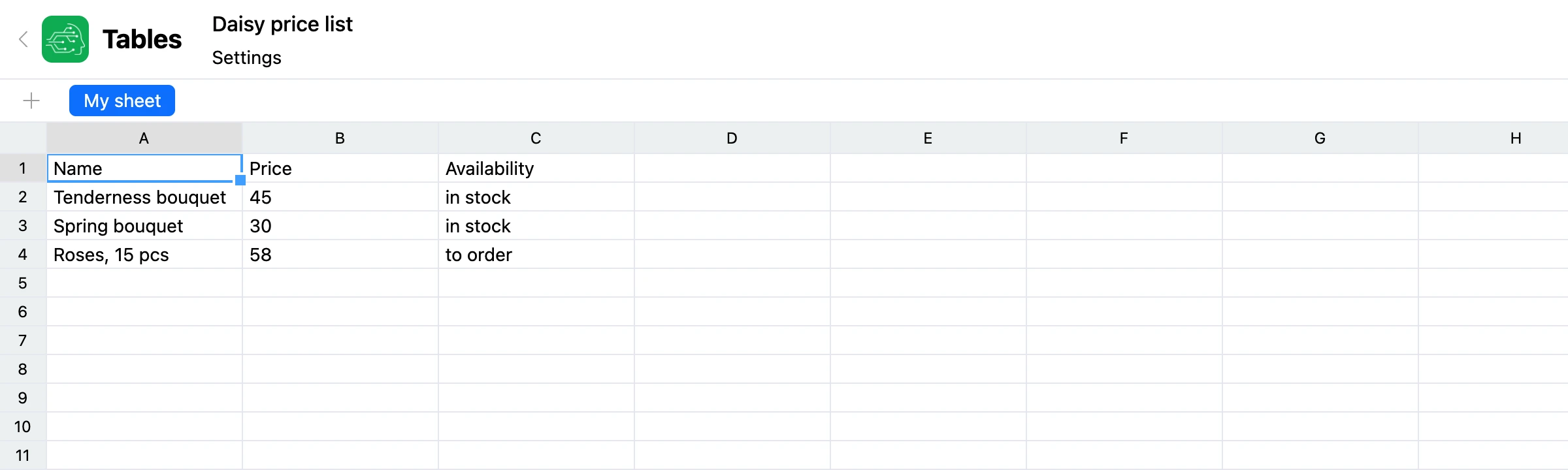 Table editor: a sheet with a price list