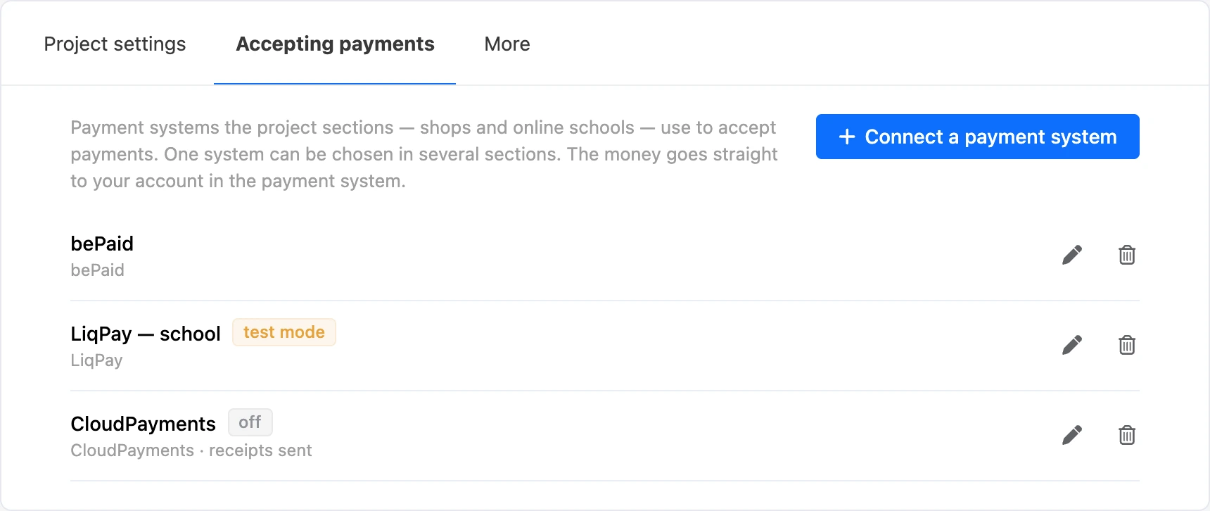 The connection list with labels