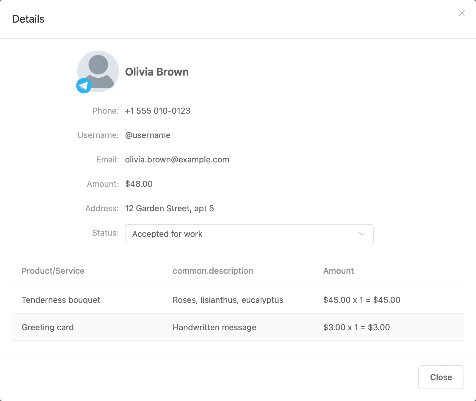 The order dialog with the Status field