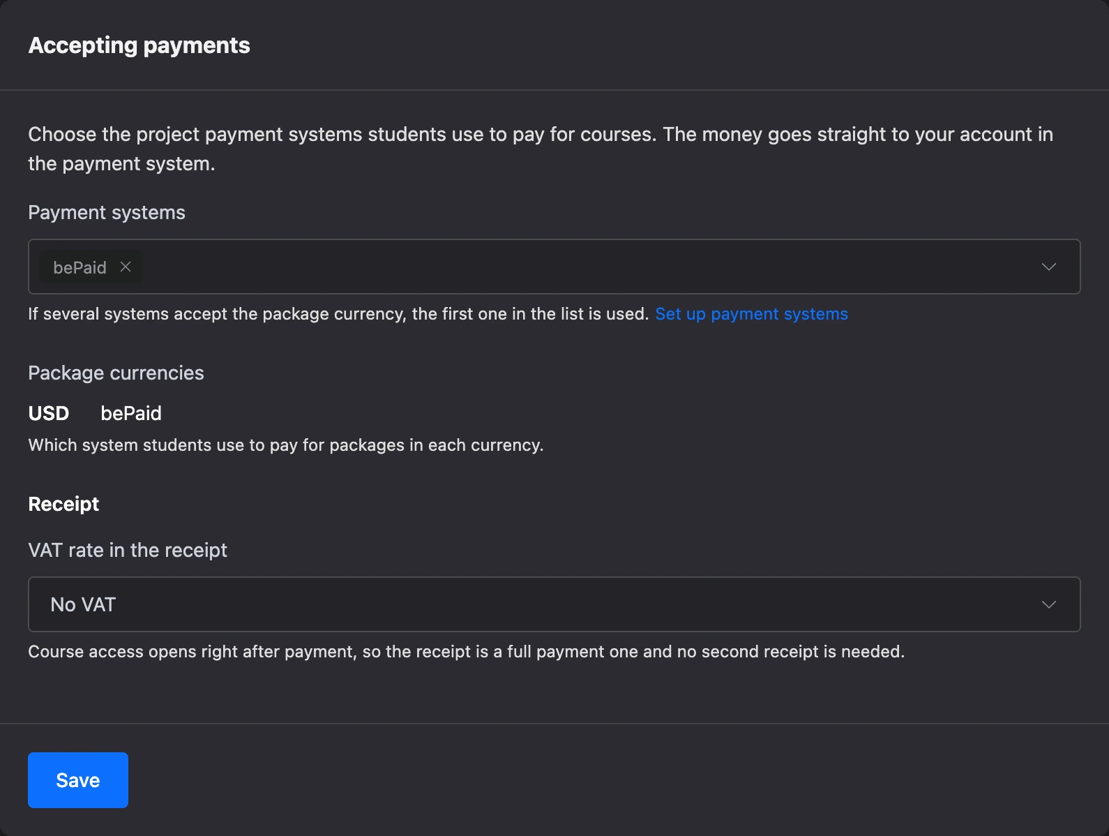 The receipt VAT rate in the school’s payment settings