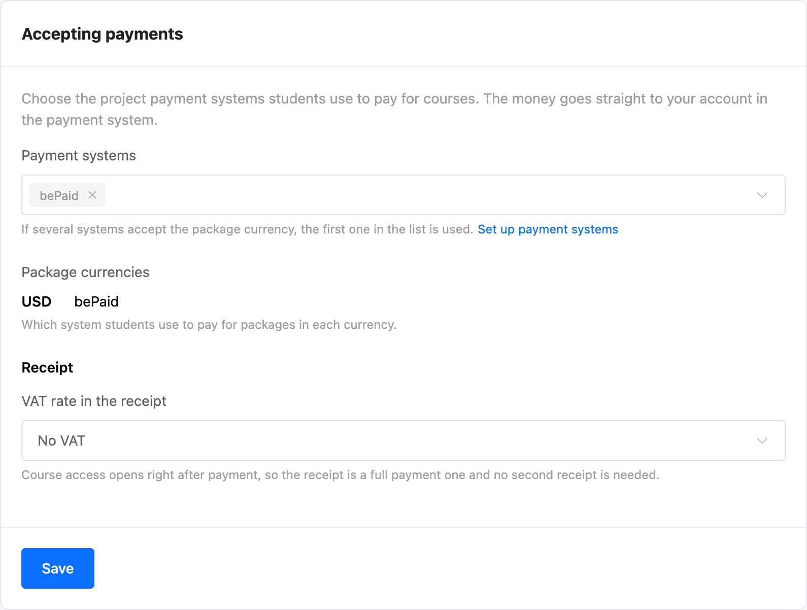 The receipt VAT rate in the school’s payment settings