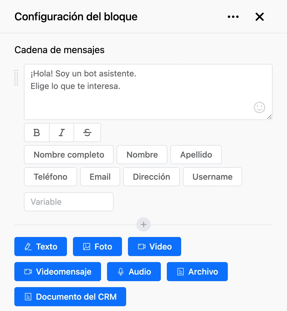Configuración del bloque: el campo con el texto del saludo