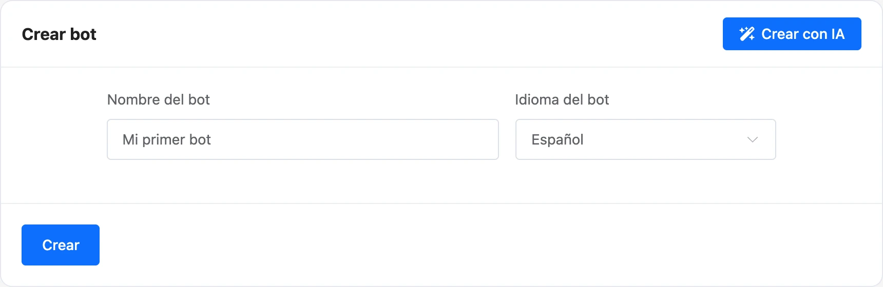 Formulario de creación del bot: el bloque «Crear un bot con IA», el nombre y el idioma