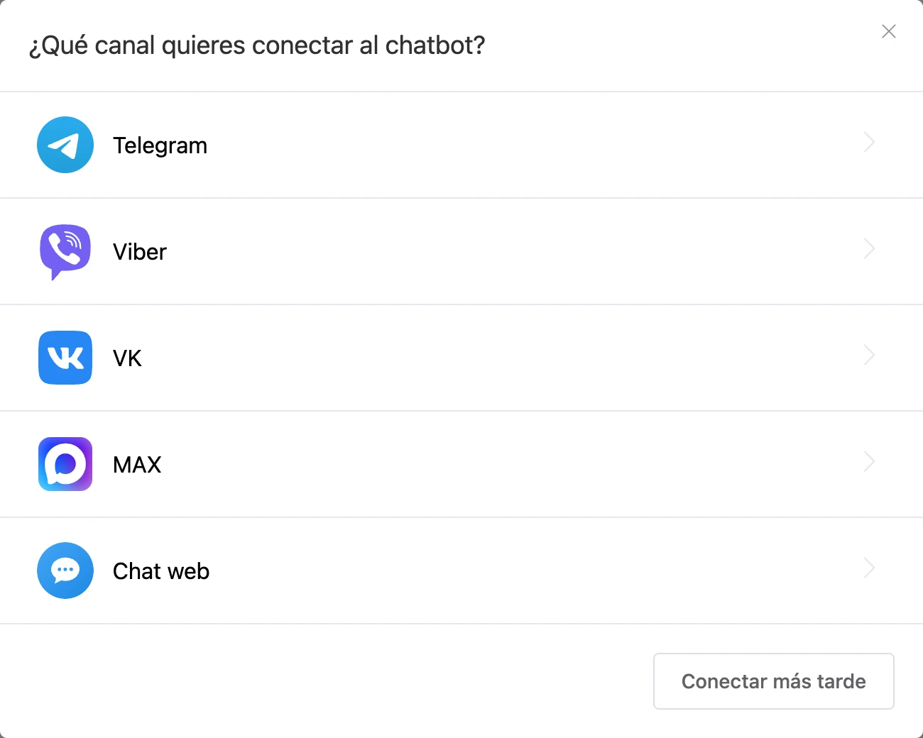 Ventana de elección de canal con el botón «Conectar más tarde»