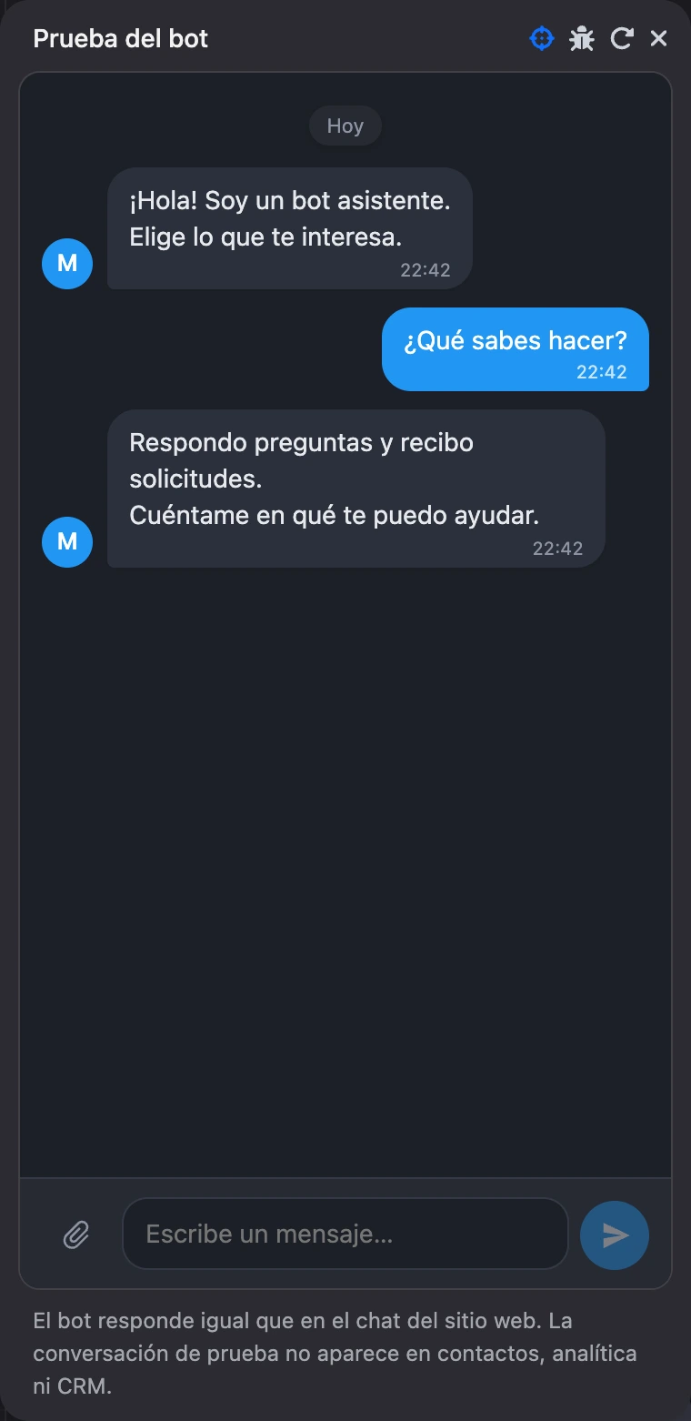 La ventana «Prueba del bot»: saludo, botón pulsado y respuesta