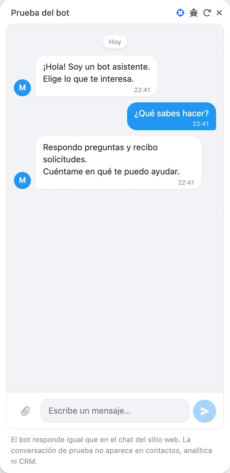 La ventana «Prueba del bot»: saludo, botón pulsado y respuesta