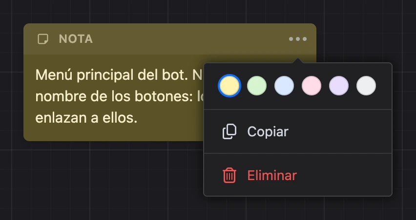Una nota con el menú «⋯» abierto: colores, «Copiar» y «Eliminar»